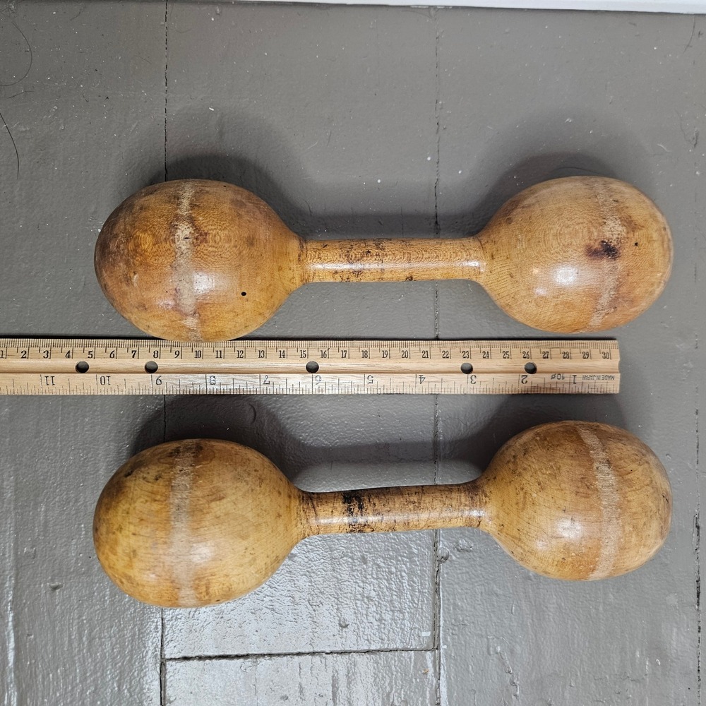 Antique‎ Wood Dumbbells Pair Wooden Hand Weights Exercise Gym Decor Vtg 10.5in